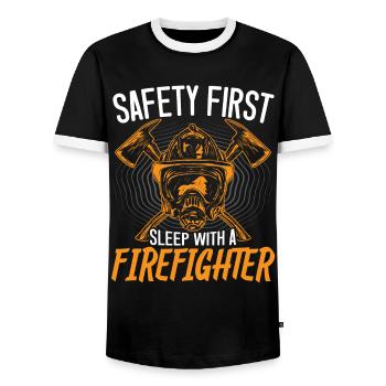 Safety comes before sleeping with a firefighter - Men's Ringer Shirt - black/white - Front - AI Model Female 172 light (172cm) & AI Model Male 178 light (178cm)