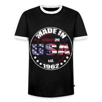 Birthday Saying born USA 1962 - Men's Ringer Shirt - black/white - Front - AI Model Female 172 light (172cm) & AI Model Male 178 light (178cm)