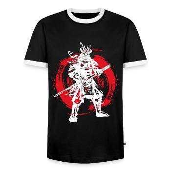 Samurai Japanese Warrior Blood Moon Design - Men's Ringer Shirt - black/white - Front - AI Model Female 172 light (172cm) & AI Model Male 178 light (178cm)