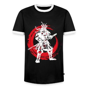 Samurai Japanese Warrior Blood Moon Design - Men's Ringer Shirt - black/white - Front - AI Model Female 172 light (172cm) & AI Model Male 178 light (178cm)