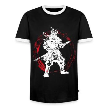 Samurai Japanese Warrior Blood Moon Design - Men's Ringer Shirt - black/white - Front - AI Model Female 172 light (172cm) & AI Model Male 178 light (178cm)