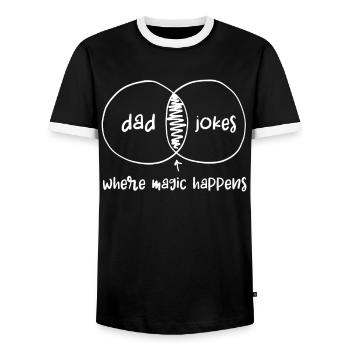 Dad Jokes Where Magic Happens Funny - Männer Kontrast-T-Shirt - Schwarz/Weiß - Vorne - AI Model Female 172 light (172cm) & AI Model Male 178 light (178cm)