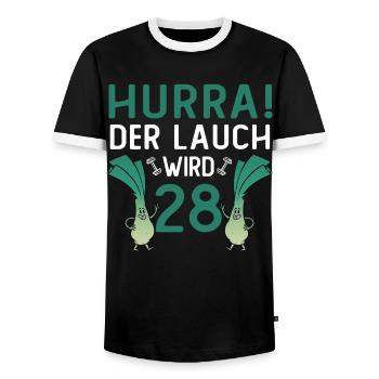 Herren 28. Geburtstag Hurra der Lauch wird 28 Gag - Männer Kontrast-T-Shirt - Schwarz/Weiß - Vorne - AI Model Female 172 light (172cm) & AI Model Male 178 light (178cm)