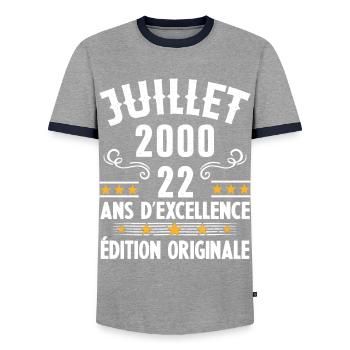 22 Ans Anniversaire Vintage Né(e) en Juillet 2000 - T-shirt contrasté Homme - gris/marine  - Devant - AI Model Female 172 light (172cm) & AI Model Male 178 light (178cm)