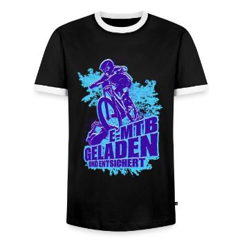 E-MTB Geladen und Entsichert Pedelec E-Bike - Männer Kontrast-T-Shirt - Schwarz/Weiß - Vorne - AI Model Female 172 light (172cm) & AI Model Male 178 light (178cm)