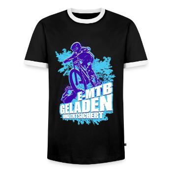 E-MTB Geladen und Entsichert Pedelec E-Bike - Männer Kontrast-T-Shirt - Schwarz/Weiß - Vorne - AI Model Female 172 light (172cm) & AI Model Male 178 light (178cm)