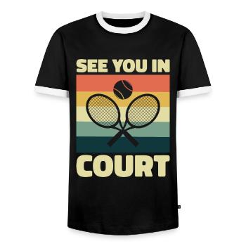 Joueur de tennis Raquette de tennis Balle de tennis - T-shirt contrasté Homme - noir/blanc - Devant - AI Model Female 172 light (172cm) & AI Model Male 178 light (178cm)