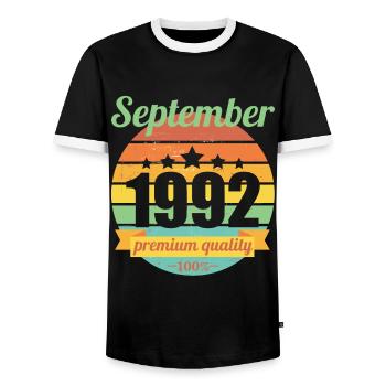 Born September 1992 30 years 30s 30th birthday - Men's Ringer Shirt - black/white - Front - AI Model Female 172 light (172cm) & AI Model Male 178 light (178cm)