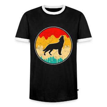 Wolf Retro - Men's Ringer Shirt - black/white - Front - AI Model Female 172 light (172cm) & AI Model Male 178 light (178cm)