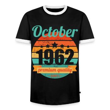 Born October 1962 60 years 60s 60th birthday - Men's Ringer Shirt - black/white - Front - AI Model Female 172 light (172cm) & AI Model Male 178 light (178cm)