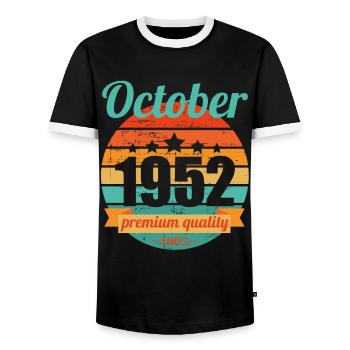 Born October 1952 70 years 70s 70th birthday - Men's Ringer Shirt - black/white - Front - AI Model Female 172 light (172cm) & AI Model Male 178 light (178cm)