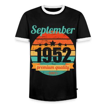 Born September 1952 70 years 70s 70th birthday - Men's Ringer Shirt - black/white - Front - AI Model Female 172 light (172cm) & AI Model Male 178 light (178cm)