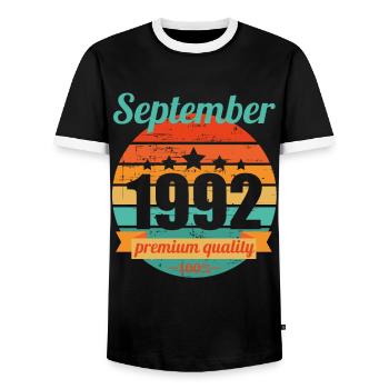 Born September 1992 30 years 30s 30th birthday - Men's Ringer Shirt - black/white - Front - AI Model Female 172 light (172cm) & AI Model Male 178 light (178cm)