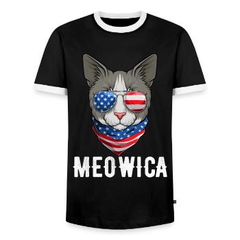 USA Cat 4th of July Kitten American Flag - Männer Kontrast-T-Shirt - Schwarz/Weiß - Vorne - AI Model Female 172 light (172cm) & AI Model Male 178 light (178cm)