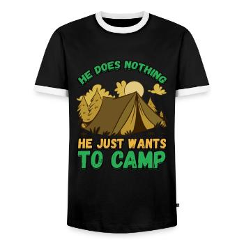 He doesn't do anything He just wants to camp - camping nature - Men's Ringer Shirt - black/white - Front - AI Model Female 172 light (172cm) & AI Model Male 178 light (178cm)