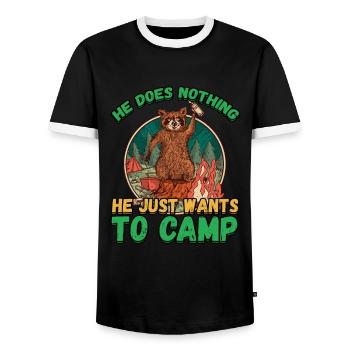 He doesn't do anything He just wants to camp - camping nature - Men's Ringer Shirt - black/white - Front - AI Model Female 172 light (172cm) & AI Model Male 178 light (178cm)