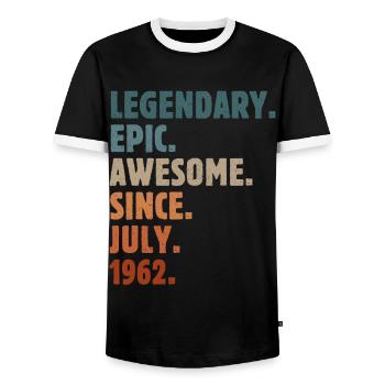 1962 July Vintage Birthday Gift - Men's Ringer Shirt - black/white - Front - AI Model Female 172 light (172cm) & AI Model Male 178 light (178cm)