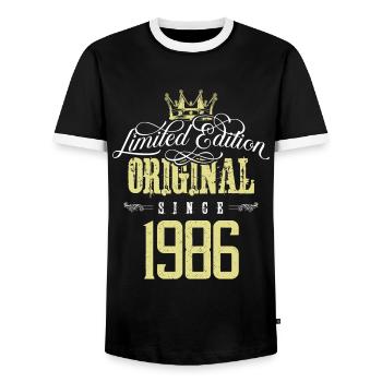 1986 limited edition - Men's Ringer Shirt - black/white - Front - AI Model Female 172 light (172cm) & AI Model Male 178 light (178cm)