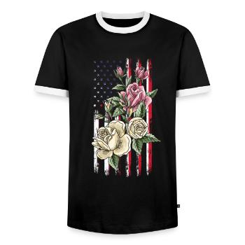 Flower US Flag Patriotic Day 4th Of July - Men's Ringer Shirt - black/white - Front - AI Model Female 172 light (172cm) & AI Model Male 178 light (178cm)