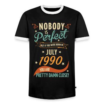 Nobody is perfect born in July 1990 - Men's Ringer Shirt - black/white - Front - AI Model Female 172 light (172cm) & AI Model Male 178 light (178cm)