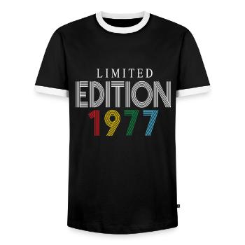 Limited Edition 1977 - Men's Ringer Shirt - black/white - Front - AI Model Female 172 light (172cm) & AI Model Male 178 light (178cm)