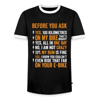 Lustiges E-Biker Stell Mir Keine Fragen Shir - Männer Kontrast-T-Shirt - Schwarz/Weiß - Vorne - AI Model Female 172 light (172cm) & AI Model Male 178 light (178cm)