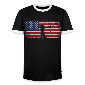 Archery Bow Archer Girl Usa - Men's Ringer Shirt - black/white - Front - AI Model Female 172 light (172cm) & AI Model Male 178 light (178cm)