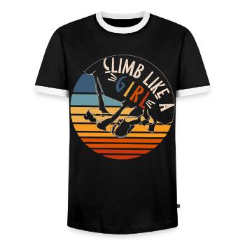 Climbing Girl Climber WoBouldering - Men's Ringer Shirt - black/white - Front - AI Model Female 172 light (172cm) & AI Model Male 178 light (178cm)