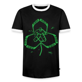 Ice Hockey Goalkeeper Kleeblatt St. Patrick's Day - Men's Ringer Shirt - black/white - Front - AI Model Female 172 light (172cm) & AI Model Male 178 light (178cm)