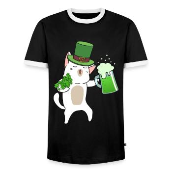 Biertrinkende Katze Kleeblatt St. Patrick's Day - Männer Kontrast-T-Shirt - Schwarz/Weiß - Vorne - AI Model Female 172 light (172cm) & AI Model Male 178 light (178cm)
