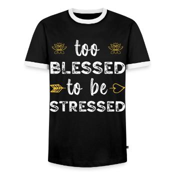 Trop béni pour être stressé, drôle de yoga zen - T-shirt contrasté Homme - noir/blanc - Devant - AI Model Female 172 light (172cm) & AI Model Male 178 light (178cm)