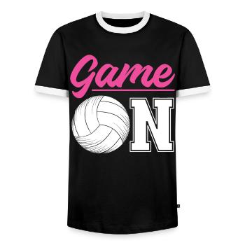 Volleyball Player Team Game On - Men's Ringer Shirt - black/white - Front - AI Model Female 172 light (172cm) & AI Model Male 178 light (178cm)