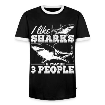 I like sharks & maybe 3 people I Sharkfish - Men's Ringer Shirt - black/white - Front - AI Model Female 172 light (172cm) & AI Model Male 178 light (178cm)