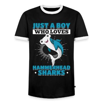 Hai-Liebhaber Ich bin nur ein Junge, der - Männer Kontrast-T-Shirt - Schwarz/Weiß - Vorne - AI Model Female 172 light (172cm) & AI Model Male 178 light (178cm)