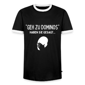 Geh zu Dominos haben sie gesagt... Facepalm Meme - Männer Kontrast-T-Shirt - Schwarz/Weiß - Vorne - AI Model Female 172 light (172cm) & AI Model Male 178 light (178cm)