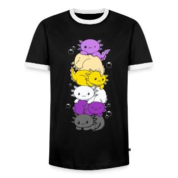Nichtbinäre Flagge LGBTQ Kawaii Axolotl Stapel - Männer Kontrast-T-Shirt - Schwarz/Weiß - Vorne - AI Model Female 172 light (172cm) & AI Model Male 178 light (178cm)
