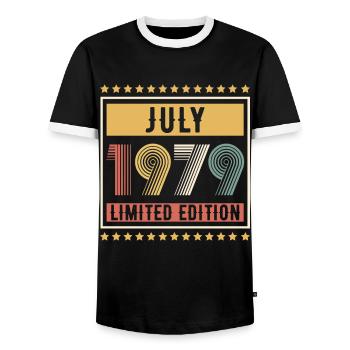 Vintage July 1979 Limited Edition Birthday - Men's Ringer Shirt - black/white - Front - AI Model Female 172 light (172cm) & AI Model Male 178 light (178cm)