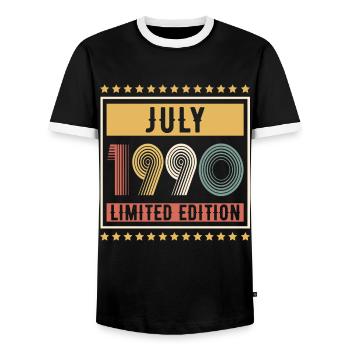 Vintage July 1990 Limited Edition Birthday - Men's Ringer Shirt - black/white - Front - AI Model Female 172 light (172cm) & AI Model Male 178 light (178cm)