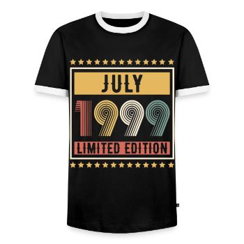 Vintage July 1999 Limited Edition Birthday - Men's Ringer Shirt - black/white - Front - AI Model Female 172 light (172cm) & AI Model Male 178 light (178cm)