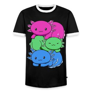 Polysexuelle Flagge Axolotl Haufen Kawaii - Männer Kontrast-T-Shirt - Schwarz/Weiß - Vorne - AI Model Female 172 light (172cm) & AI Model Male 178 light (178cm)