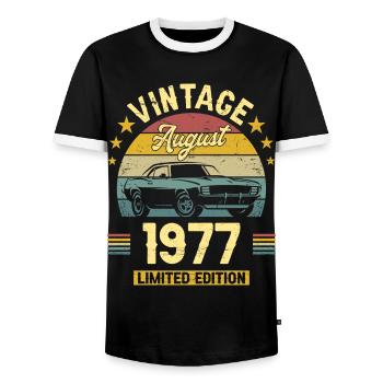 Vintage August 1977 45 years anniversary - Men's Ringer Shirt - black/white - Front - AI Model Female 172 light (172cm) & AI Model Male 178 light (178cm)
