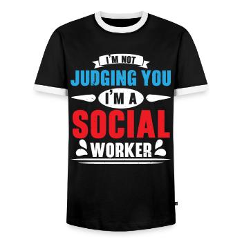 I do not condemn you, I am a social worker - Men's Ringer Shirt - black/white - Front - AI Model Female 172 light (172cm) & AI Model Male 178 light (178cm)