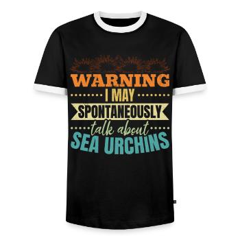 Warning: I can talk spontaneously about sea urchins - Men's Ringer Shirt - black/white - Front - AI Model Female 172 light (172cm) & AI Model Male 178 light (178cm)