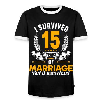 Ich habe 15 Jahre Ehe überlebt 15.Hochzeitstag - Männer Kontrast-T-Shirt - Schwarz/Weiß - Vorne - AI Model Female 172 light (172cm) & AI Model Male 178 light (178cm)