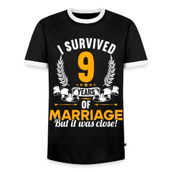J’ai survécu à 9 ans de mariage 9ème anniversaire de mariage - T-shirt contrasté Homme - noir/blanc - Devant - AI Model Female 172 light (172cm) & AI Model Male 178 light (178cm)