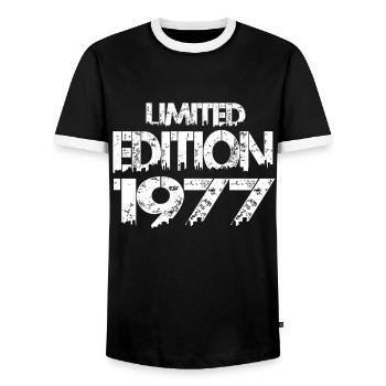 Limited Edition 1977 - Men's Ringer Shirt - black/white - Front - AI Model Female 172 light (172cm) & AI Model Male 178 light (178cm)