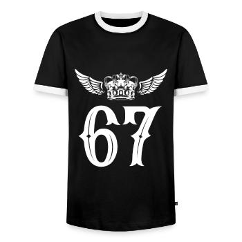 67 Zahl Krone - Männer Kontrast-T-Shirt - Schwarz/Weiß - Vorne - AI Model Female 172 light (172cm) & AI Model Male 178 light (178cm)