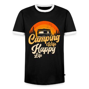 Camping Femme Happy Life Caravane Nature Camper - T-shirt contrasté Homme - noir/blanc - Devant - AI Model Female 172 light (172cm) & AI Model Male 178 light (178cm)