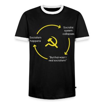 Anti-Socialism Anti-Communism Pro-Capitalism - Men's Ringer Shirt - black/white - Front - AI Model Female 172 light (172cm) & AI Model Male 178 light (178cm)