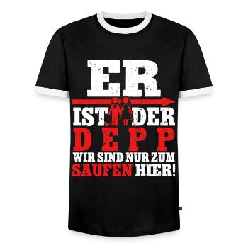 Er ist der Depp wir sind nur zum saufen hier - Männer Kontrast-T-Shirt - Schwarz/Weiß - Vorne - AI Model Female 172 light (172cm) & AI Model Male 178 light (178cm)